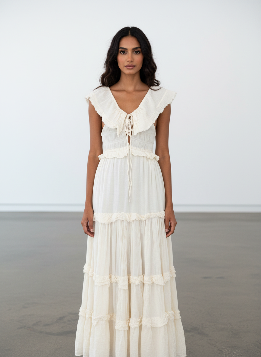 Woman wearing a white dress with ruffled details against a plain background