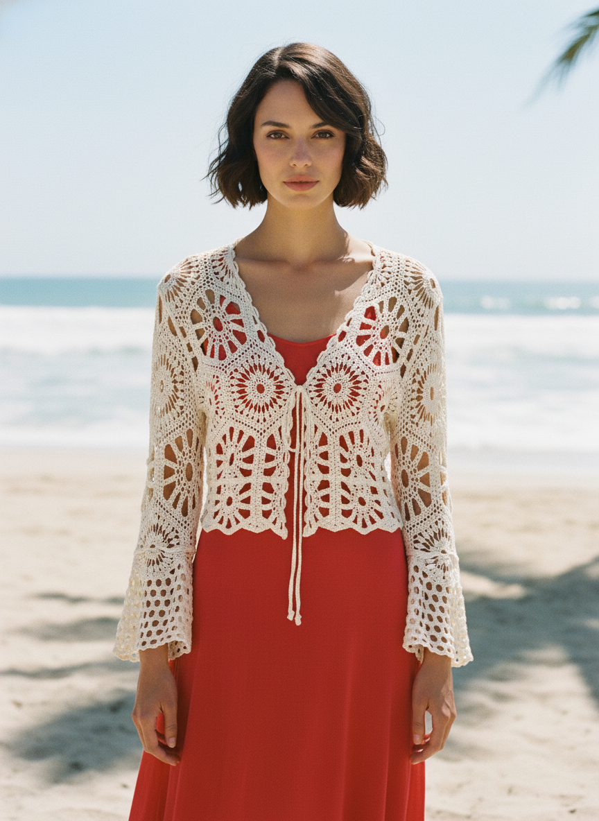 Woman wearing a red dress and white crochet cardigan on a beach