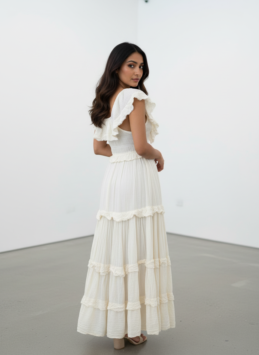 Woman wearing a white ruffled dress against a plain background