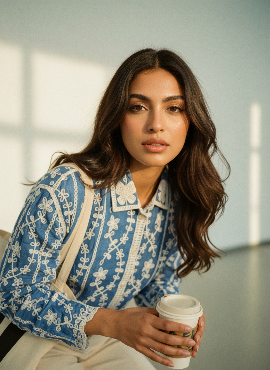 Woman holding a coffee cup in a softly lit room