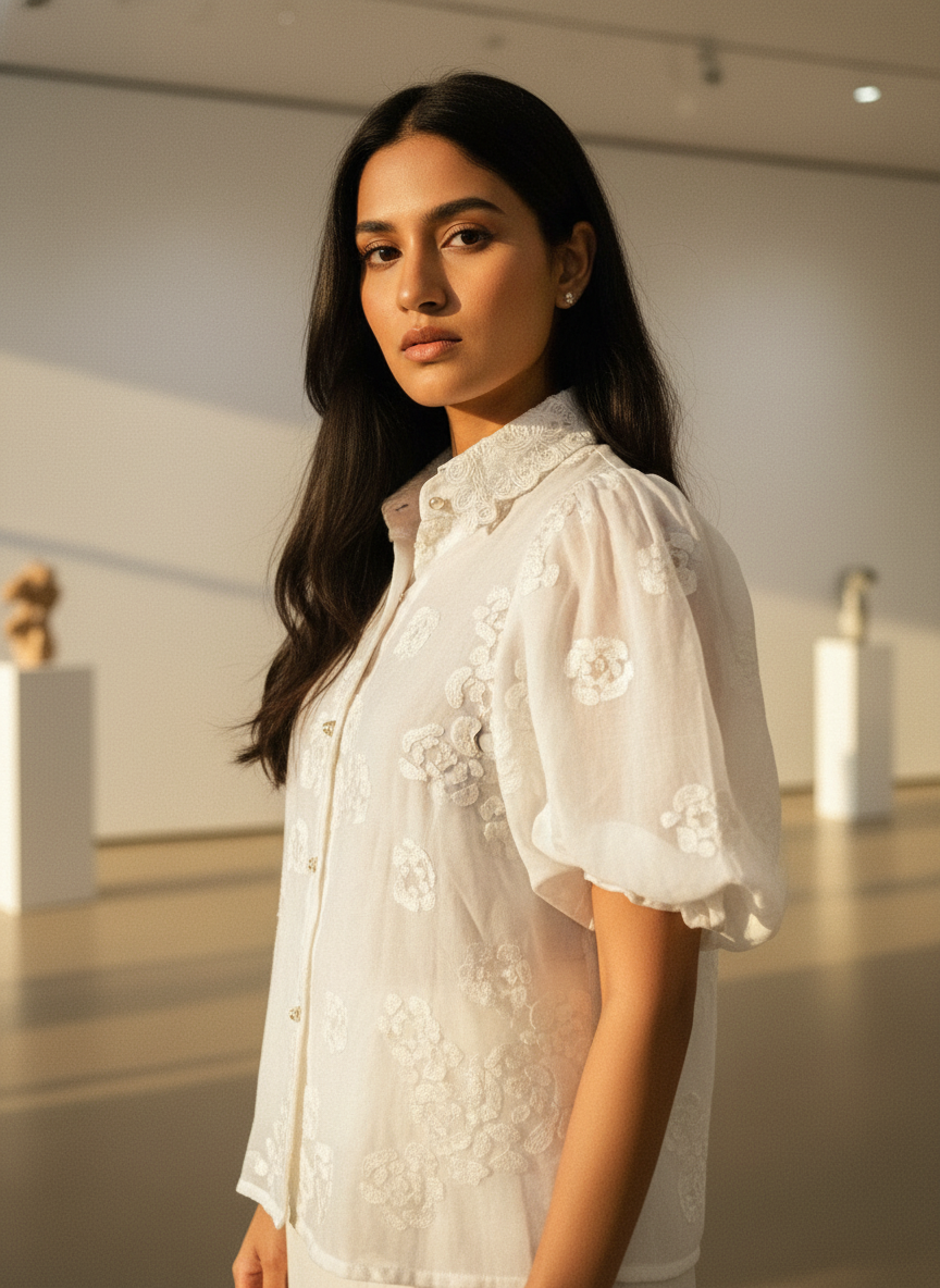 Woman wearing a white embroidered blouse in an indoor setting