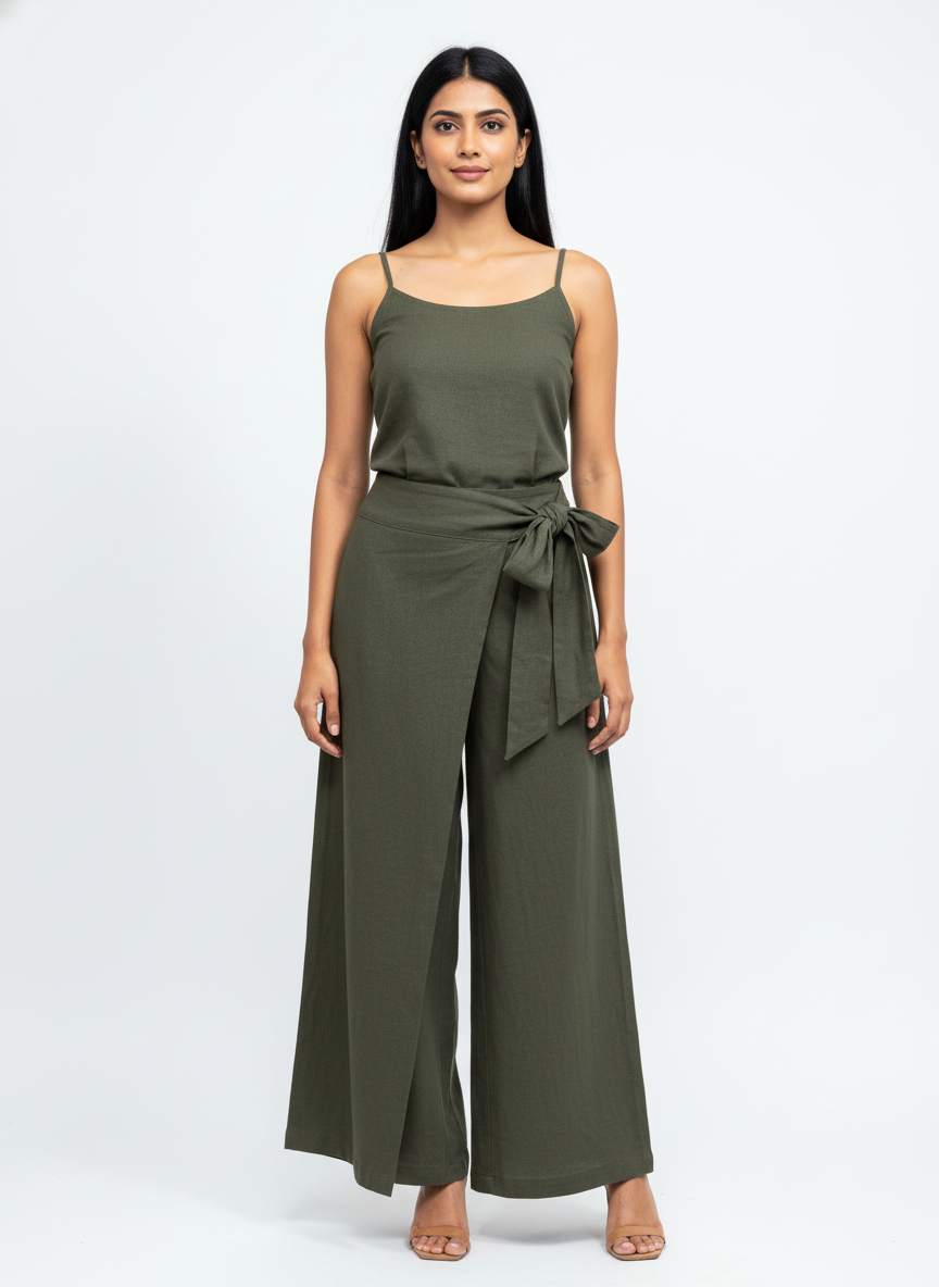 Olive Linen Tie-Front Pants