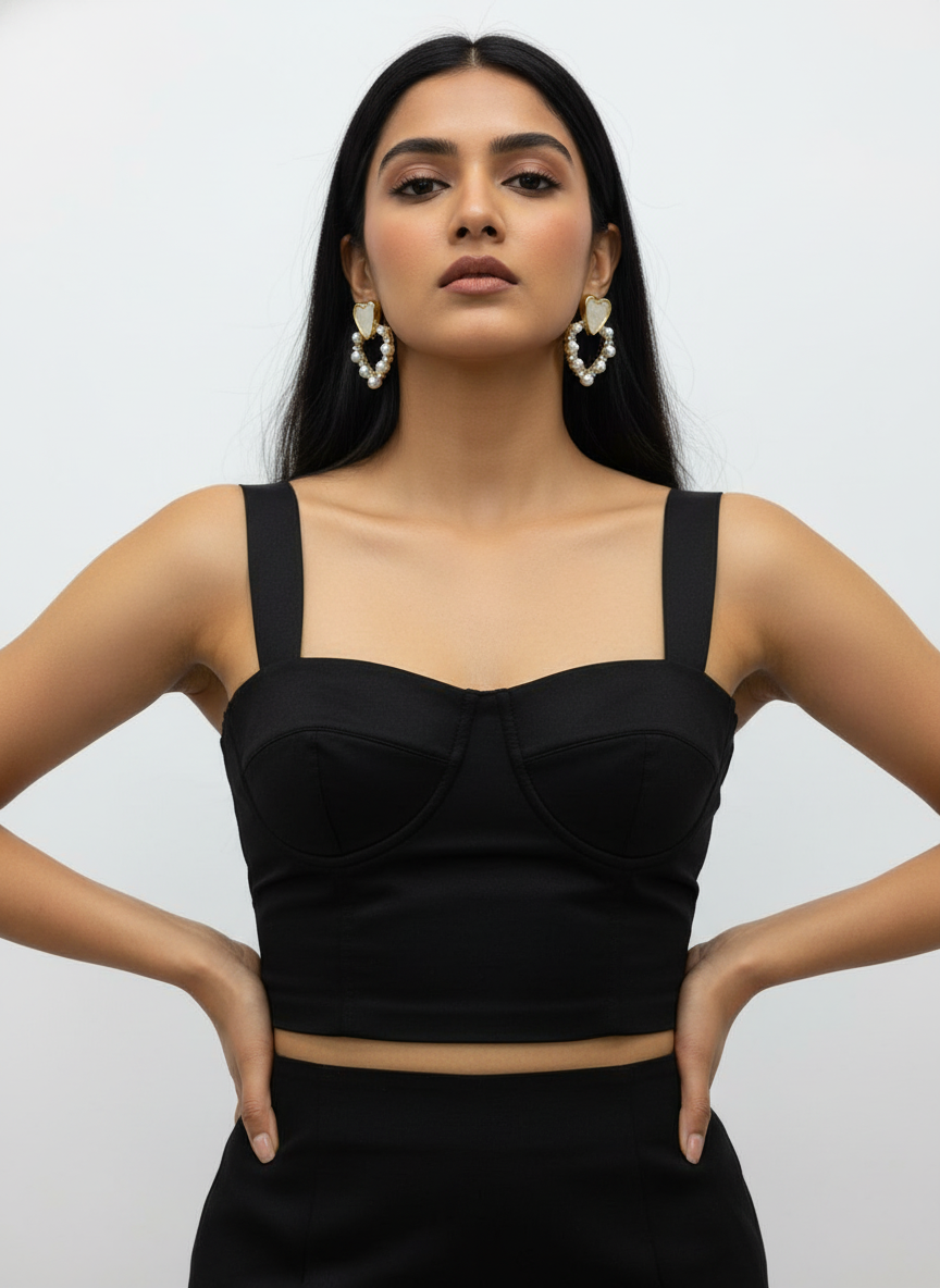 Woman wearing a black top against a plain background