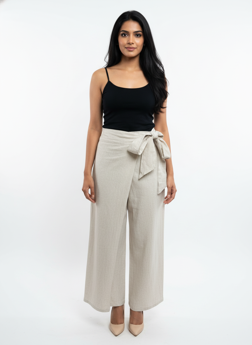 Woman wearing a black top and beige wide-leg pants with a tie waist on a white background