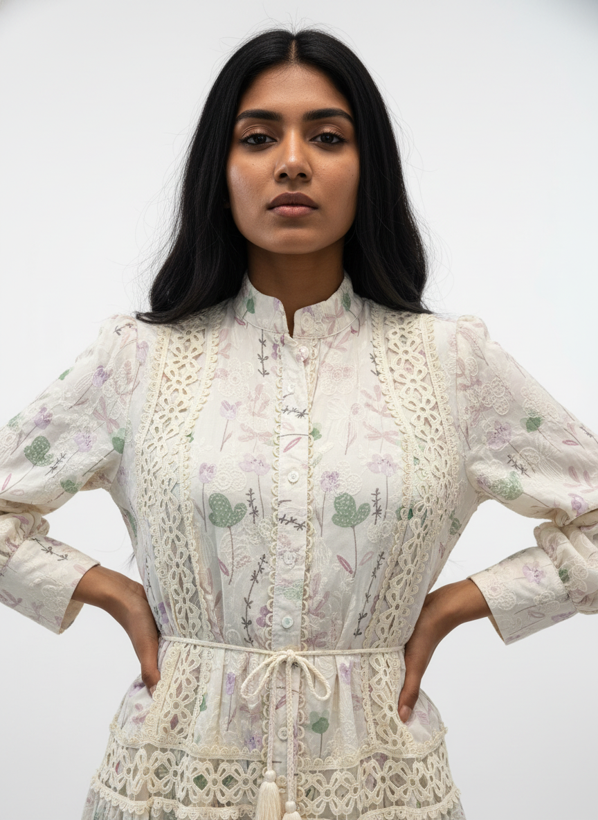 Woman wearing a white floral dress against a plain background