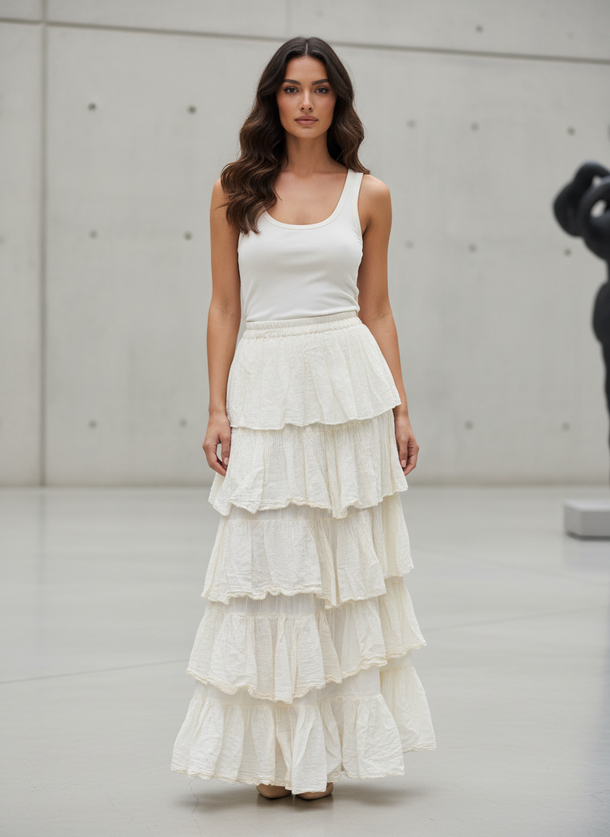 Woman wearing a white sleeveless top and tiered skirt against a neutral background