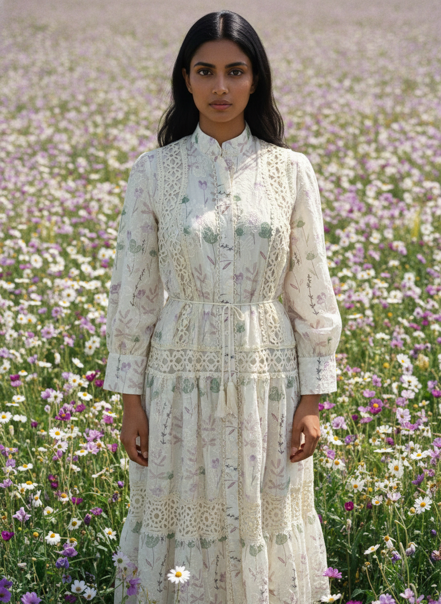 Woman in a floral dress standing in a field of flowers
