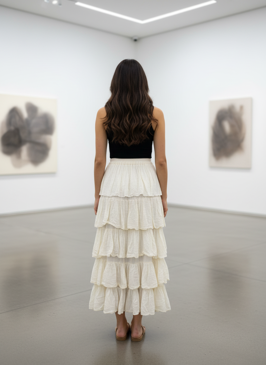 Woman in a white dress and black top standing in an art gallery with abstract paintings on the walls.