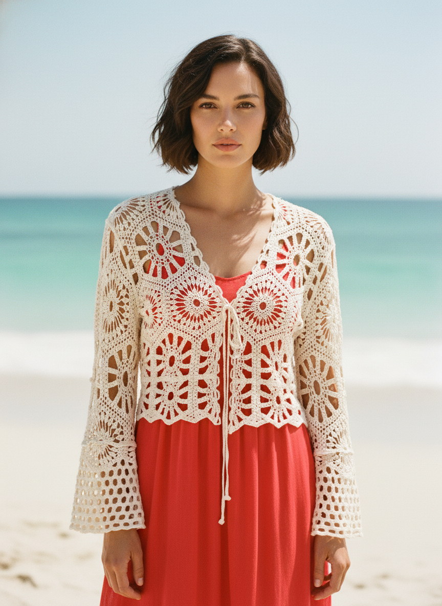 Woman wearing a red dress with a white crochet cover-up on a beach.