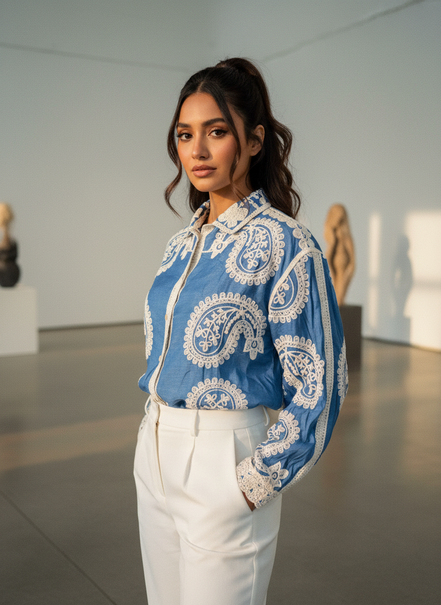 Azure Bloom Embroidered Top