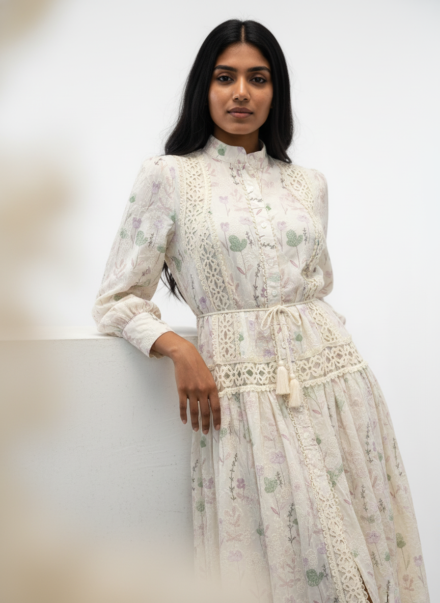 Woman wearing a floral dress against a white background