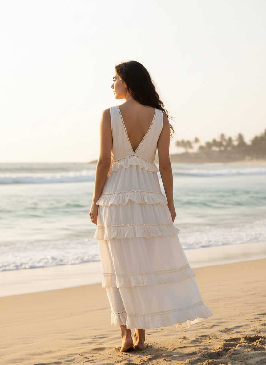 Woman in a white dress standing on a beach with ocean view