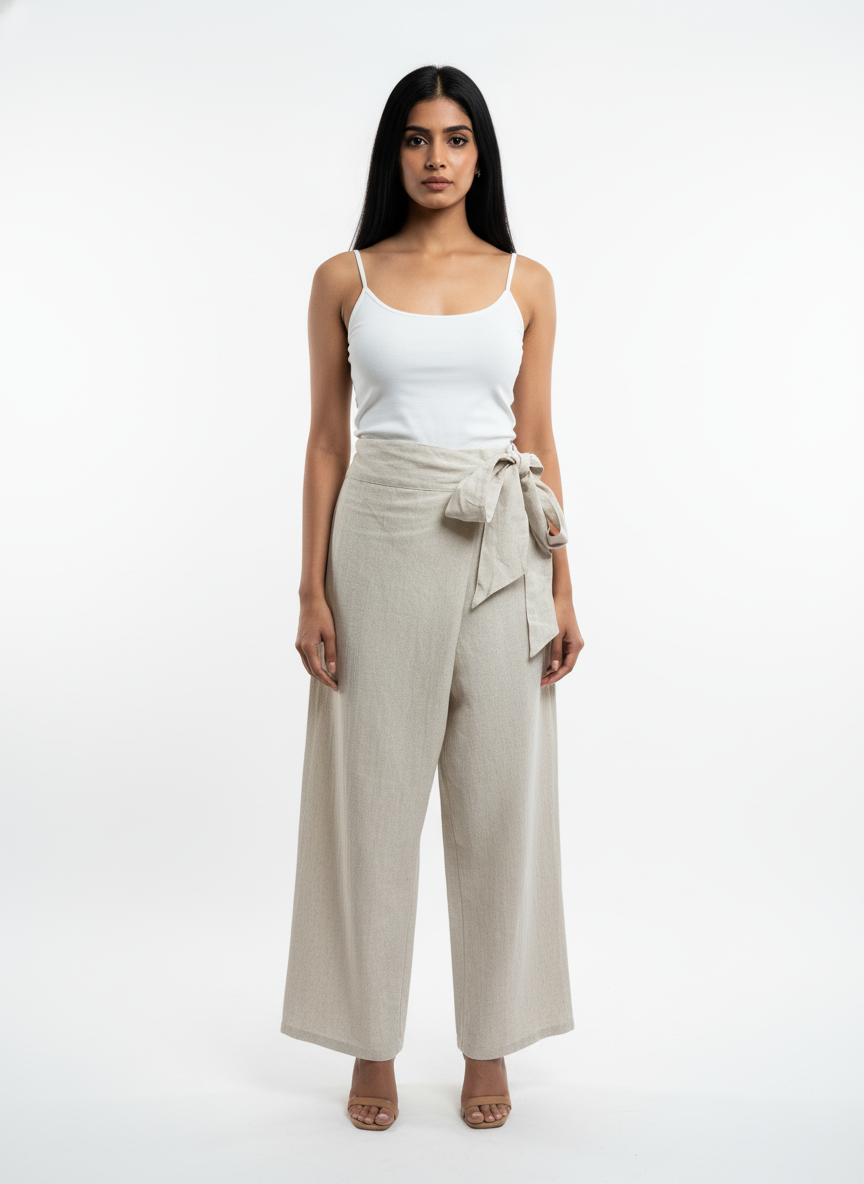 Woman wearing a white top and beige wide-leg pants with a belt on a white background