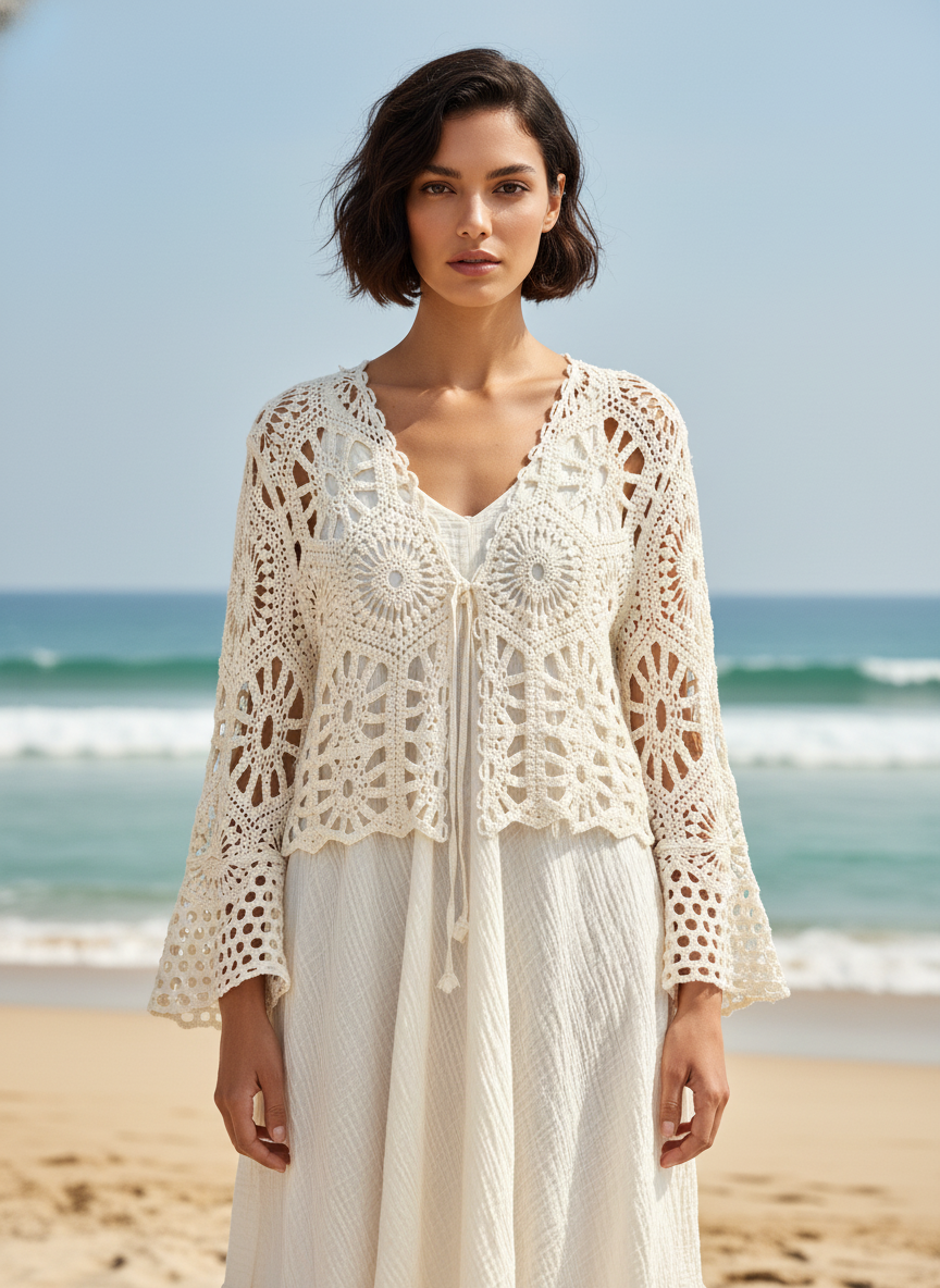 Woman wearing a white crochet cover-up on a beach