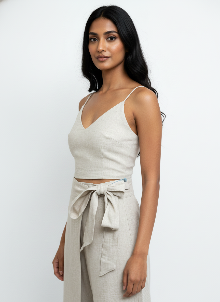 Woman wearing a beige sleeveless top and wide-leg pants against a white background