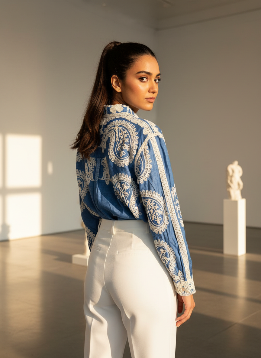Azure Bloom Embroidered Top