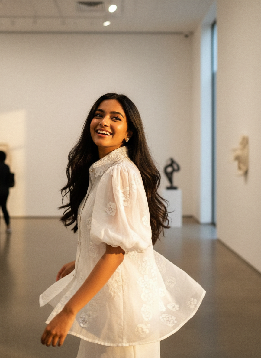 Woman in a white dress standing in an art gallery