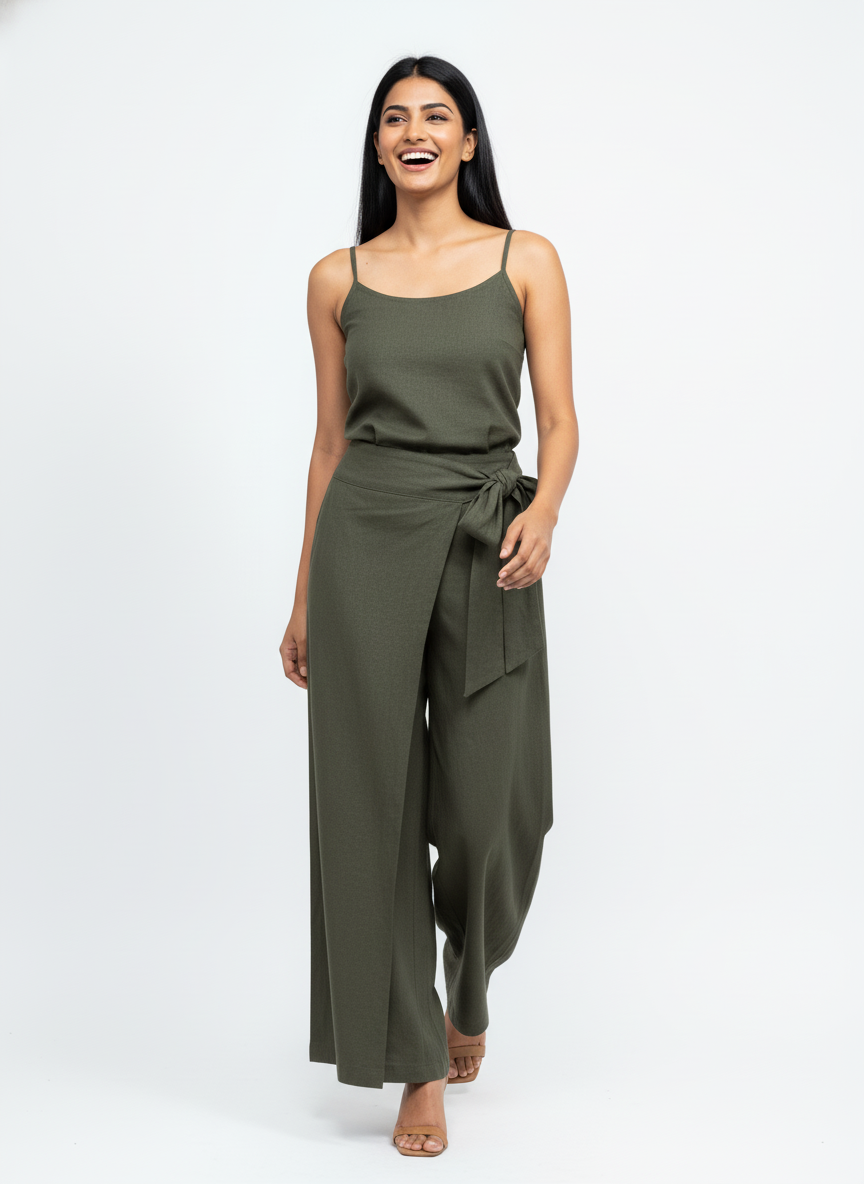 Olive Linen Tie-Front Pants