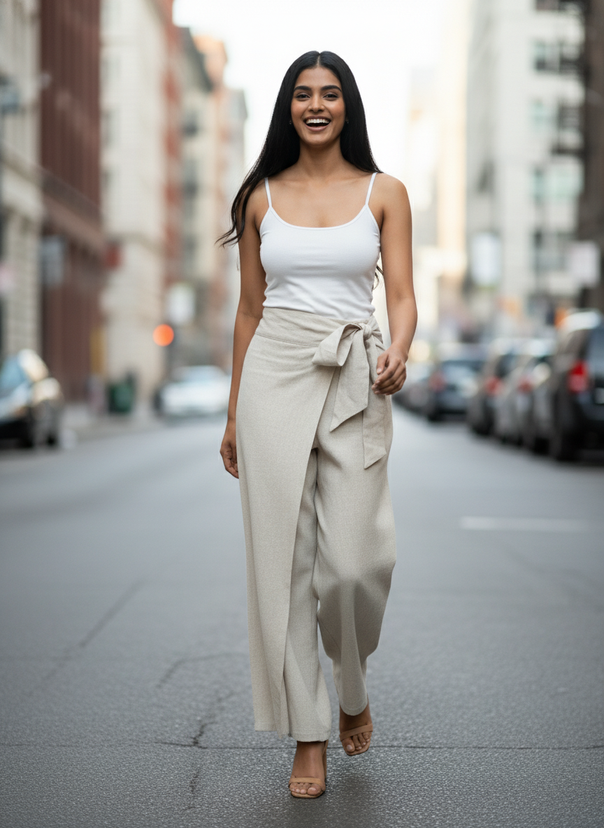 Woman walking on a city street wearing a white top and beige pants.