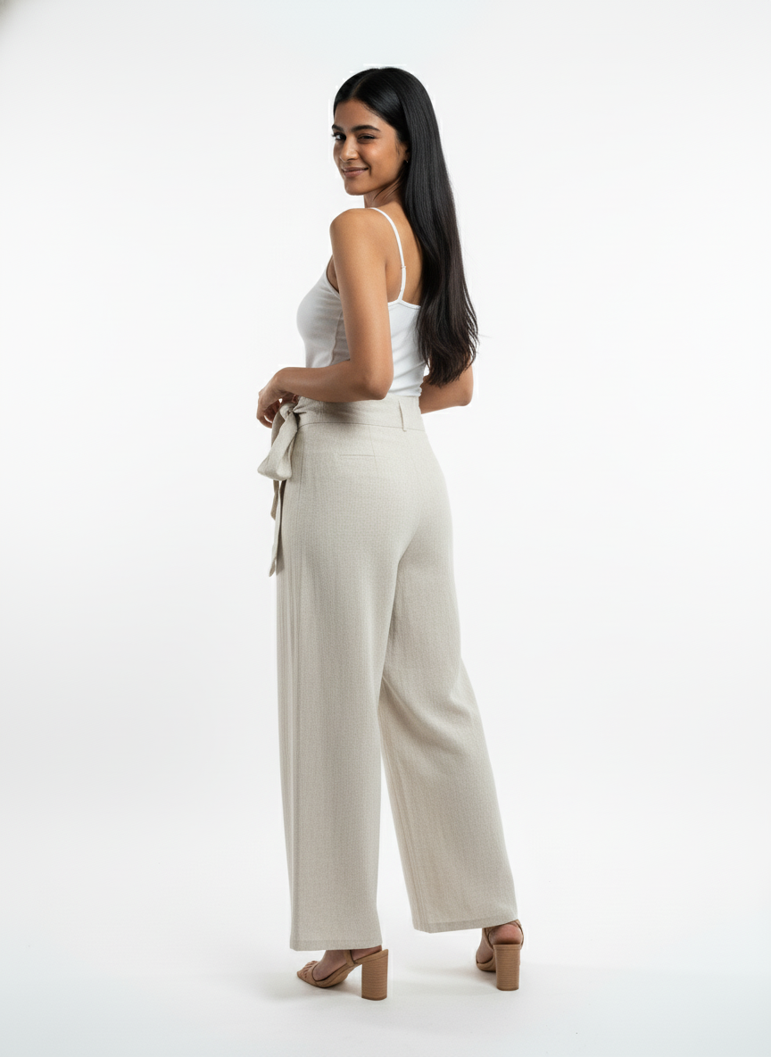 Woman wearing a white top and beige high-waisted pants on a white background