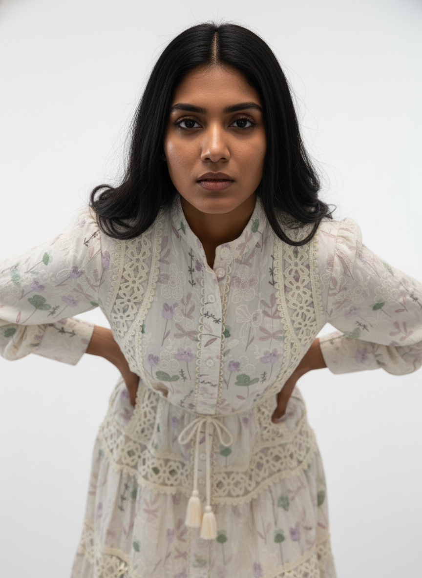 Woman wearing a white floral dress with lace details against a plain background