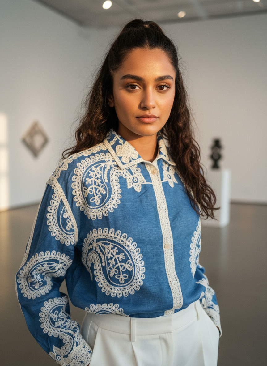 Azure Bloom Embroidered Top