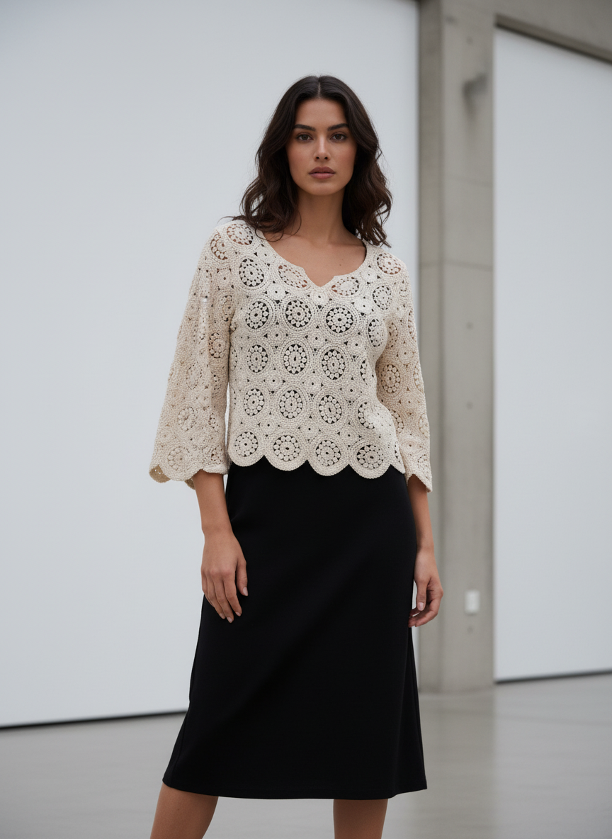 Woman wearing a white lace top and black skirt in a minimalistic setting