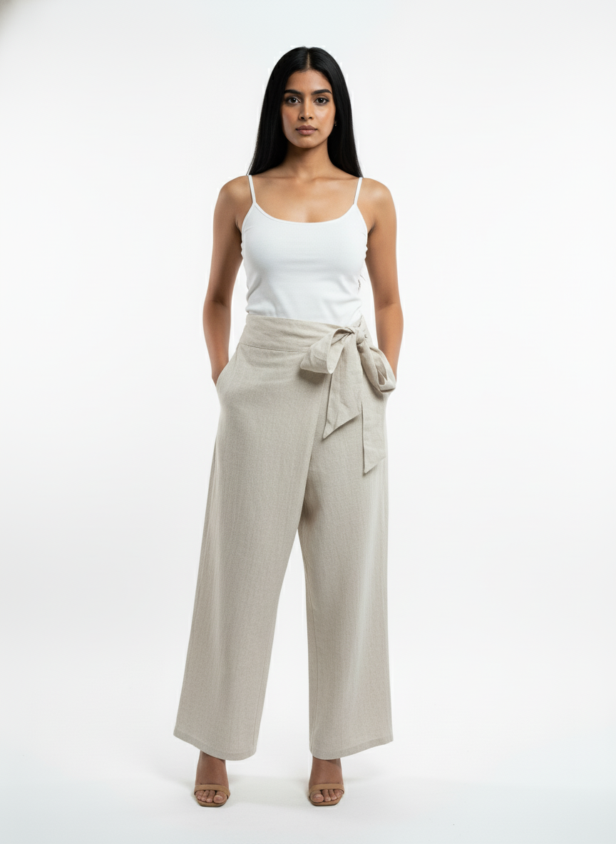 Woman wearing a white tank top and beige wide-leg pants on a white background