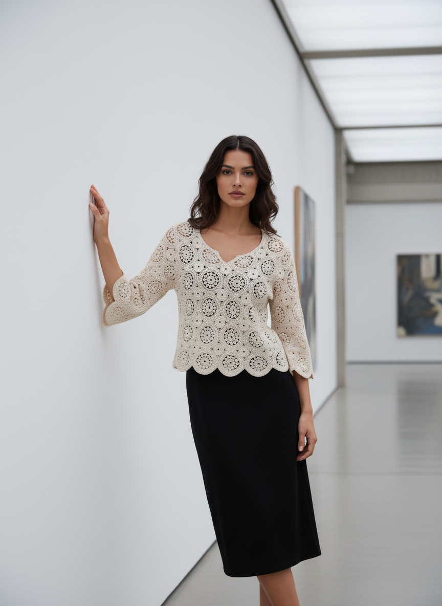 Woman wearing a white lace top and black skirt in an art gallery setting