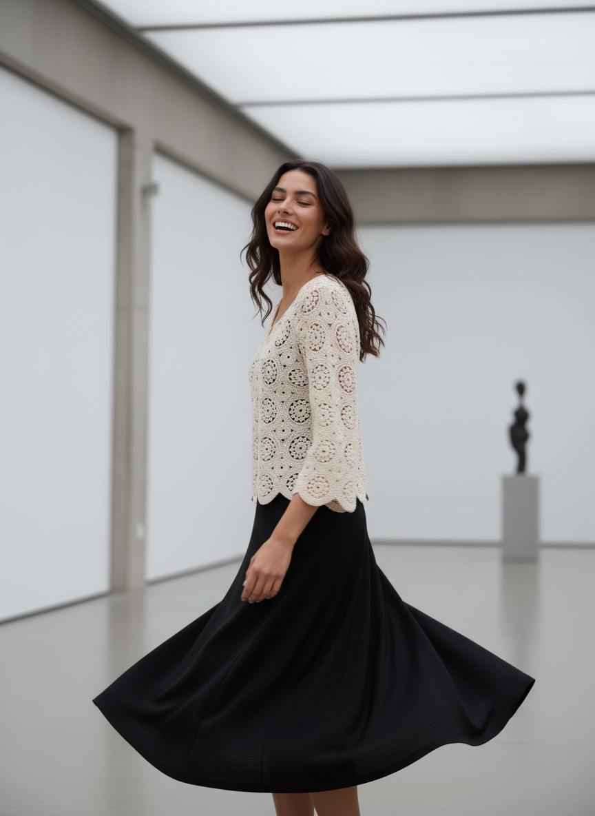 Woman in a white lace top and black skirt standing in a modern indoor setting.
