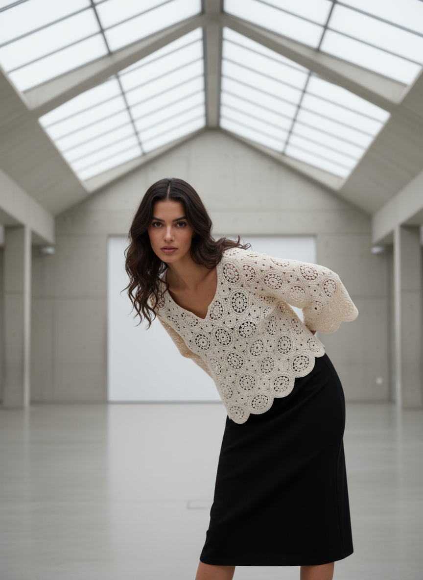 Woman wearing a white lace top and black skirt in a large, well-lit room with high ceilings.