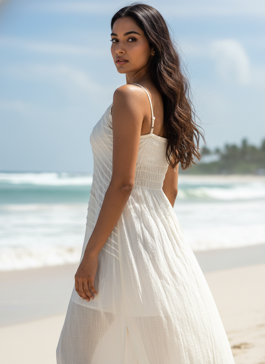 Woman in a white dress standing on a beach with ocean in the background